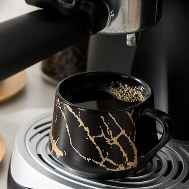 Набір кавових чашок з блюдцями LUKA, 6 шт., 118 мл, порцеляна, для еспресо, лате, кави, мокко, чаю, смугастий дизайн, білий та чорний колір