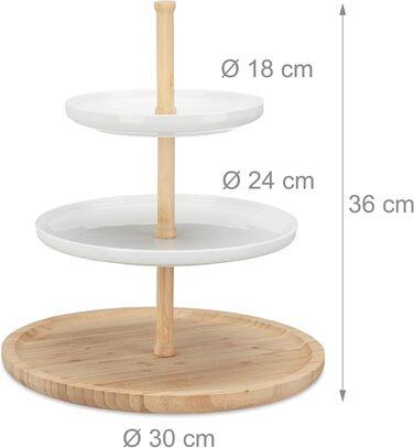 Relaxdays Bamboo and Ceramic Tiered Serving Tray, 3-Tier, DxH: 30 x 36 cm (Diameter x Height) for Cookies, Fruit, Snacks, natural white