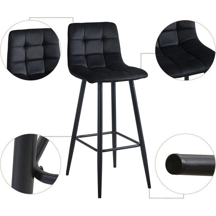 Velvet Bar Stools Set of 2 with Backrest - 66cm Seat Height - Black Kitchen Bar Stools for Countertops