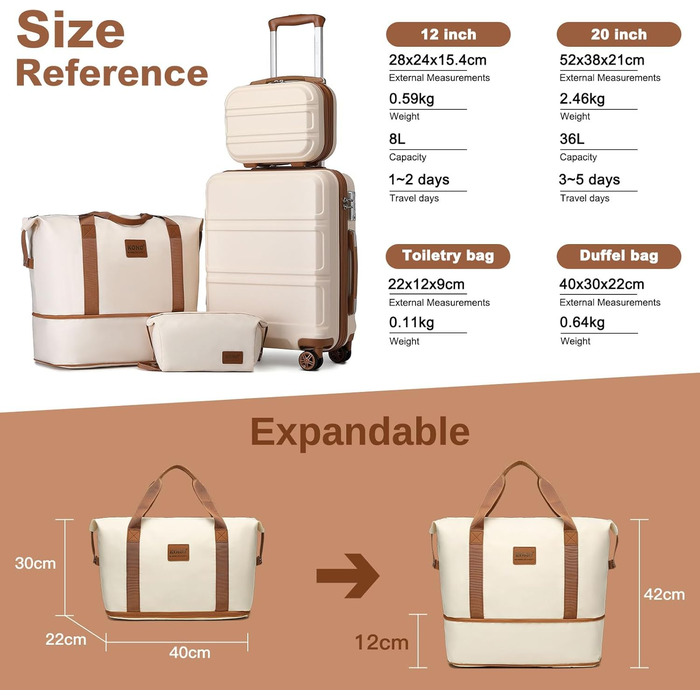 Набір валіз KONO 4 в 1: велика валіза, ручна поклажа 55 см, косметичка та сумка для подорожей (кремово-білий)