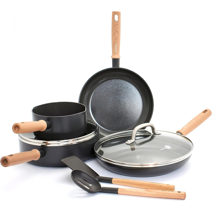 GreenPan Hudson Healthy Ceramic Non-Stick Coating, 8-Piece Cookware Set, Pots and Pans, Vintage Wood-Inspired Handle, PFAS-Free, Dishwasher Safe, Black 8 Piece Cookware Pots and Pans Set Schwarz