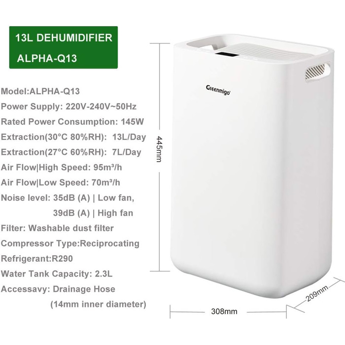 Електричний осушувач повітря Greenmigo 13л/24г - для дому, підвалу, шафи. Осушувач повітря для приміщень до 50м² - тихий, з функцією очищення повітря. Захист від вологи та плісняви.