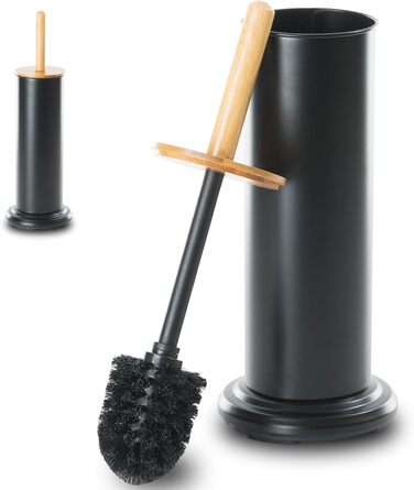 Щітка для туалету Leadfun з бамбуковою ручкою, металевим тримачем, 2 насадки, посилена основа (чорний)
