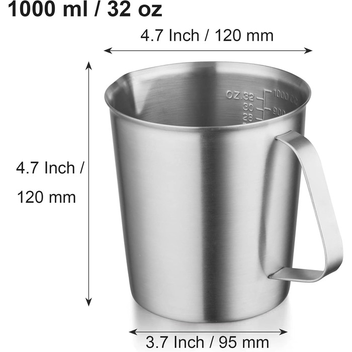 Stainless Steel Measuring Cup 1L Stainless Steel Measuring Jug with Measuring Units & Handle Metal Pitcher Dishwasher-Safe Milk Frothing Cup Measuring Cup, …