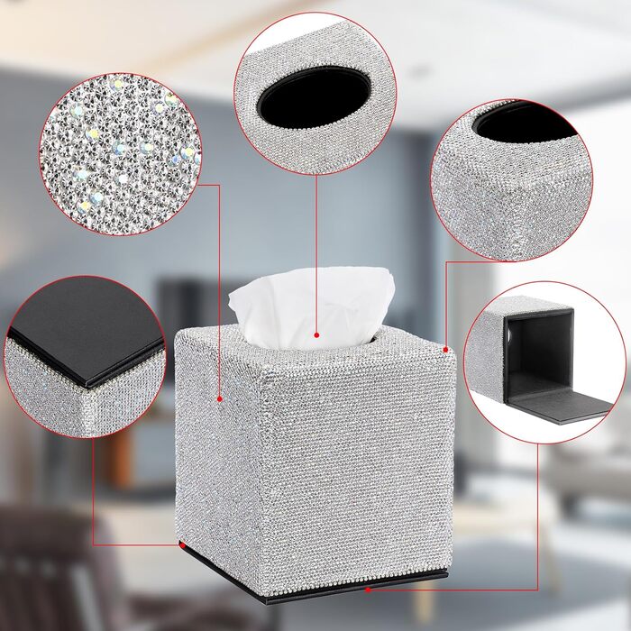 Квадратний тримач для серветок BTSKY з блискітками, декоративна кришка з діамантами та стразами, кубічний диспенсер для дому, ванної кімнати, туалетного столика
