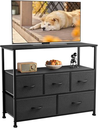 DUMOS Chest of Drawers with Drawers - Chests of Drawers & Sideboards for Bedrooms Suitable, Chest of Drawers with 9 Drawers, Fabric Chest of Drawers with Stable Steel Frame, Ideal for Bedrooms, Living Rooms (Black) (5 TV Drawers Black)