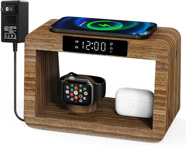 Багатофункціональна бамбукова зарядна станція 5-в-1 з бездротовим зарядним пристроєм, світлодіодним нічником та годинником, сумісна з Apple Watch, AirPods, Samsung Galaxy та іншими пристроями