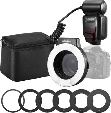 Кольцевий світловий прилад K&F Concept TTL для Nikon DSLR, GN 14, з AF-підсвічуванням та адаптерними кільцями