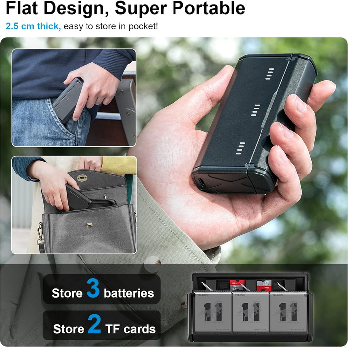 Зарядний пристрій для GoPro Hero 12/11/10/9 від Telesin: 3 слоти, 2 слоти TF-картки, портативний, з індикатором заряду