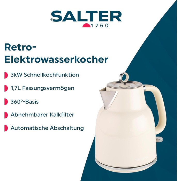 Водовар Salter Retro 1.7L, 3kW, бездротовий, з фільтром від накипу, кремовий