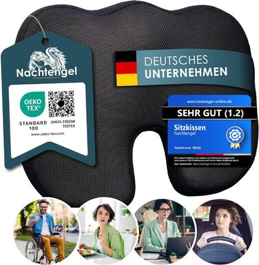 Ортопедична подушка для сидіння Nachtengel з Memory Foam (3 ступені жорсткості) для ергономічного комфорту, полегшення болю в куприку та зменшення болю – ідеально підходить для офісного крісла, автосидіння та ін. (1 шт, Medium (60-100 кг)) Чорний колір