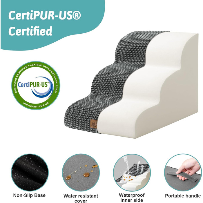 Сходинки для собак маленьких порід 40 см, для дивану, з високощільним губчастим наповнювачем, неслизьке покриття, 3 сходинки, темно-сірий колір (40x57x40 см)