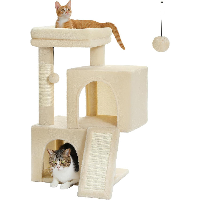 PETEPELA Scratching Post with Dual Condos for Apartment Cats, All-in-One Cat House with Padded Perch, Scratch Ramp and Post, and Replaceable Balls Beige
