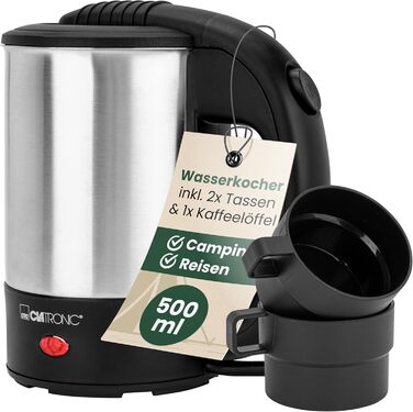 Електричний чайник Clatronic WKS 3692: 1,5 л, нержавіюча сталь, без BPA, для дому та подорожей (з чашкою)