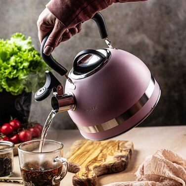 Чайник Kinghoff 1.8L з нержавіючої сталі з свистком, для індукційних плит, рожевий