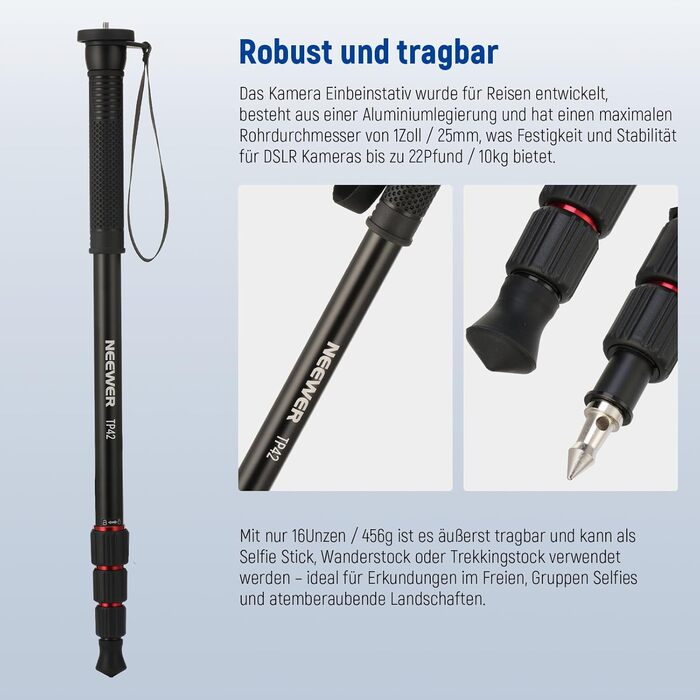 NEEWER Монопод 155 см для камери: легкий, портативний, з адаптерами 1/4' та 3/8' для DSLR та відеокамер, витримує до 8 кг