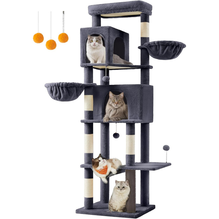 Дім для кота Feandrea, 175 см, XL, багатоярусний, з 2 печерами, 2 лежаками, 5 стовпчиками для дряпання, щіткою для котів, великою платформою, PCT182G01 (XXL, 59 x 48 x 190,7 см, темно-сірий)