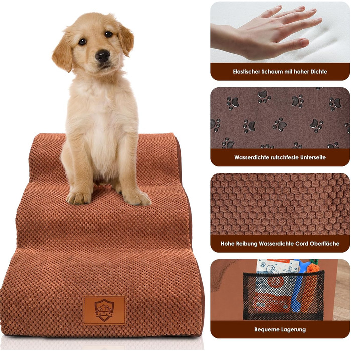 Calling Dog Stairs, Dog Stairs for Small Dogs, Waterproof Dog Stairs 40 cm High, Injury Prevention High-Quality Sponge Cat Stairs, Non-Slip Washable Dog Ramp for Sofa Bed Car (3-Step Dog Stairs, Brown)