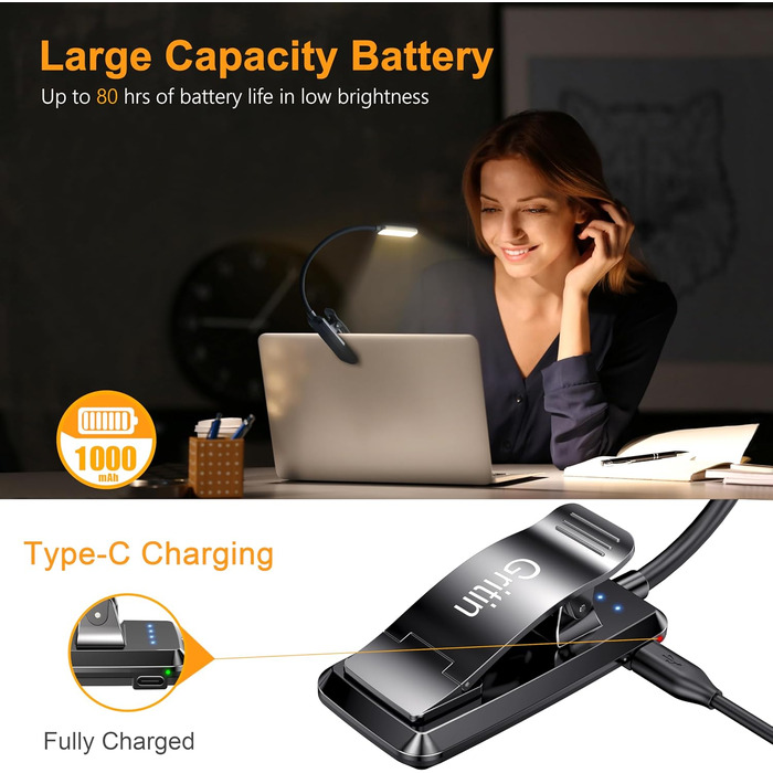 Ліхтарик для читання Gritin, кліпса на книгу, 3 режими кольору, регульована яскравість, USB акумуляторна, гнучкий на 360°, для читання в ліжку, комплект 2 шт., чорний