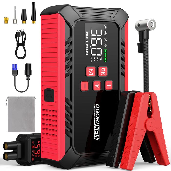 Портативний акумулятор для авто з компресором 150PSI, 7000A, 12V, 8L/10L (бензин/дизель), з запальничкою, LED-ліхтарик B195