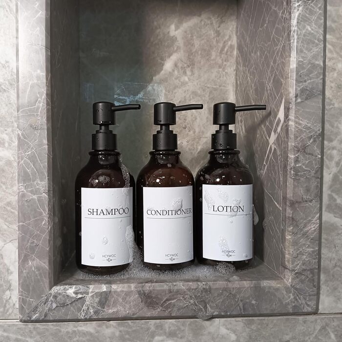 Набір дозаторів для мила та шампуню на стіну, 500 мл, 3 шт. з етикетками, без свердління, для ванної кімнати, янтарно-коричневий, чорний насос