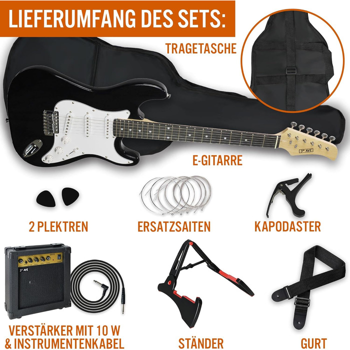 Електрогітара 3rd Avenue XF Full Size 4/4 з підсилювачем 10W, набором аксесуарів та чохлом (чорний)