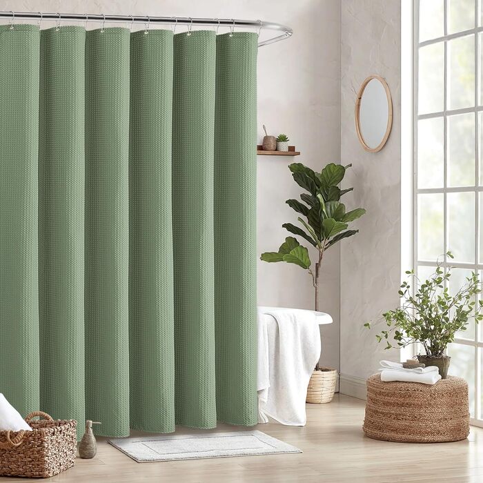 Шторка для душу BTTN вафельна, 180x200 см, антигрибкова, важка, водонепроникна, текстильна, з 12 гачками, зелена