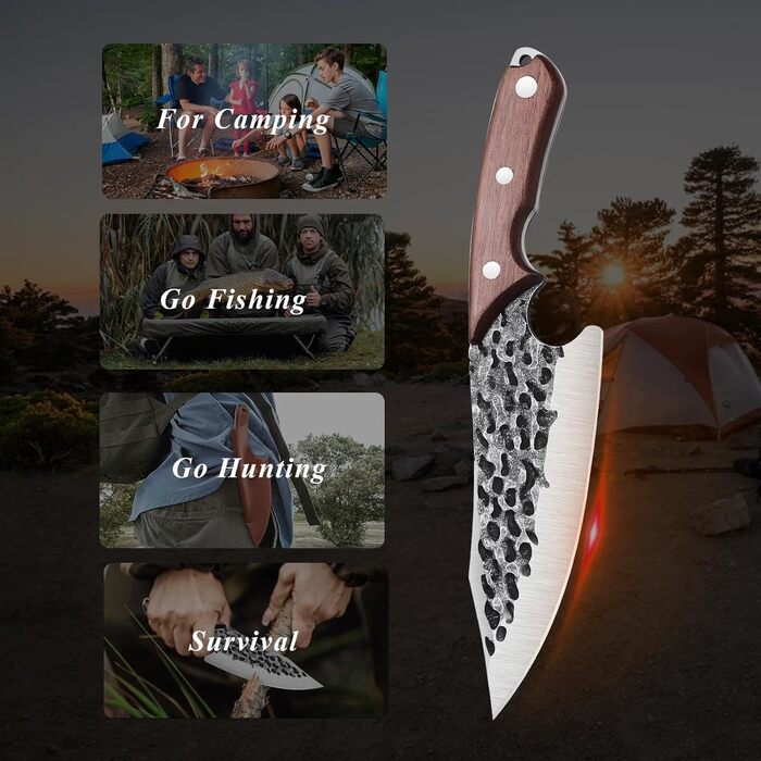 Ніж кухарський DRAGON RIOT японський, кований вручну, професійний, для кухні, кемпінгу, грилю, полювання (світло-коричневий)