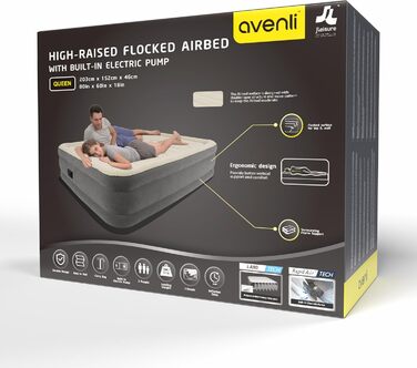 Надувний матрац-ліжко AVENLI самонадувний для 1 особи з інтегрованим насосом, висока ліжкомісце, флаокована поверхня для кемпінгу та дому (203x152x46 см)