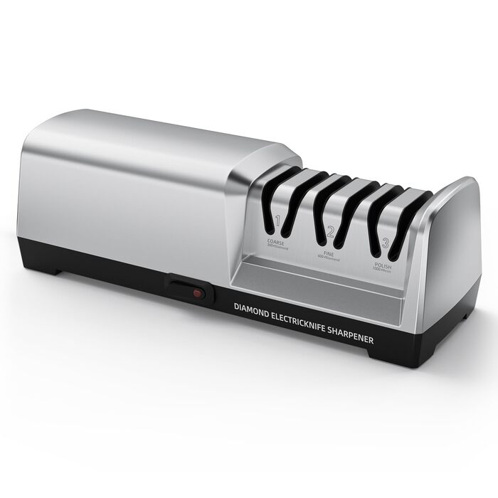Електричний точило для ножів професійний 3-ступеневий з захистом від перегріву, тихий мотор, швидке заточування для кухонних ножів (срібний)