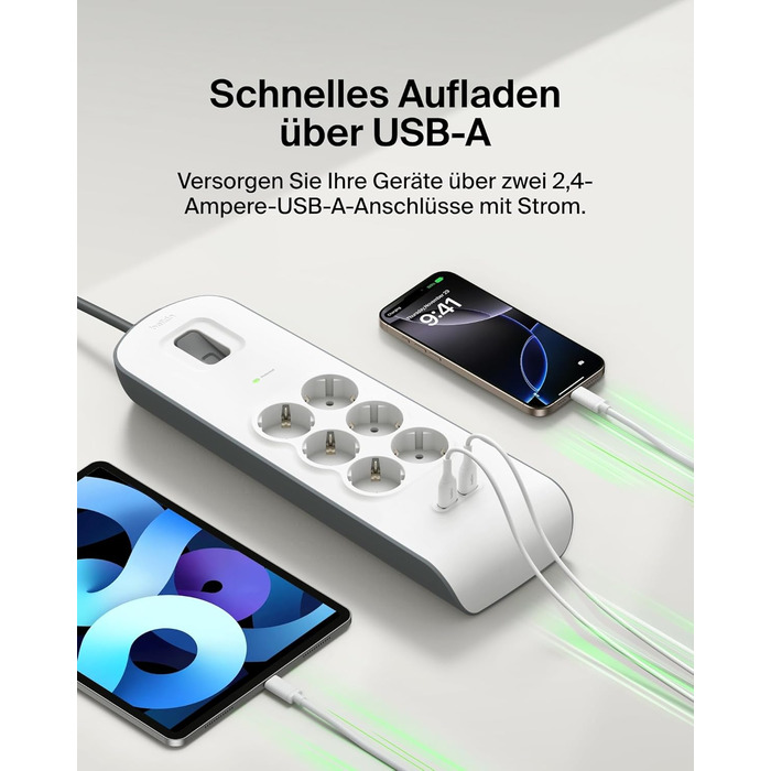 Мережевий фільтр Belkin з USB, 8 розеток, 2.4A, 2м кабель, для дому та офісу