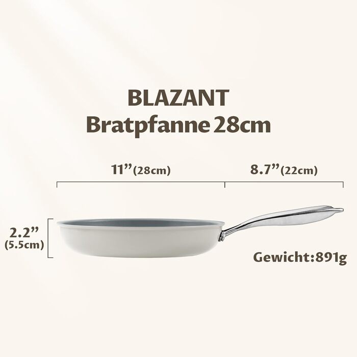 Сковорода BLAZANT індукційна 28 см з антипригарним керамічним покриттям, сіра. Для всіх типів плит, включаючи індукцію, з литою ручкою. Підходить для духовки.