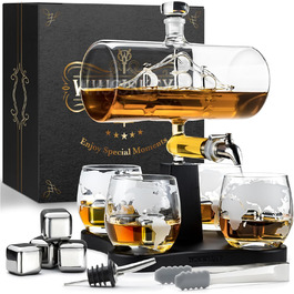Whiskey Carafe Set - Whiskey Gift Set - Gifts for Men - Men's Gifts Gift - Birthday Gift for Men - Ship Decanter 1100ML, Gift Box, 4 Whiskey Glasses, 4 Whiskey Stones