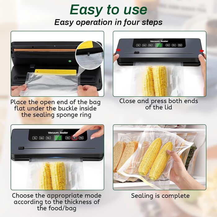 Вакуумний пакувальник 6-в-1 з LED-дисплеєм та 30см зварювальною лінією, 50 шт. пакетів, зовнішній шланг, для сухих та вологих продуктів (сріблястий)