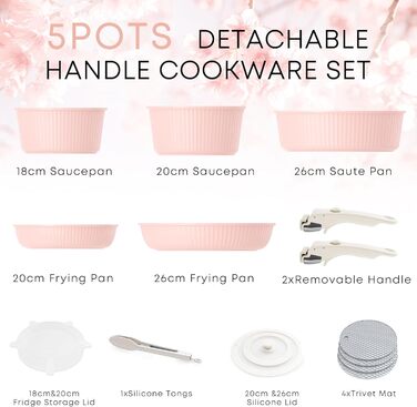 RIOVARM Induction Cookware Set - 16 PCS Nonstick Granite Pots & Pans with Removable Handles, Silicone Lids, Stackable & PFOA-Free - Sakura Pink