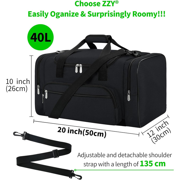 Sports Bag, Travel Bag, Fitness Bag with Shoulder Strap, Weekend Bag for Women and Men (Black, 40L)