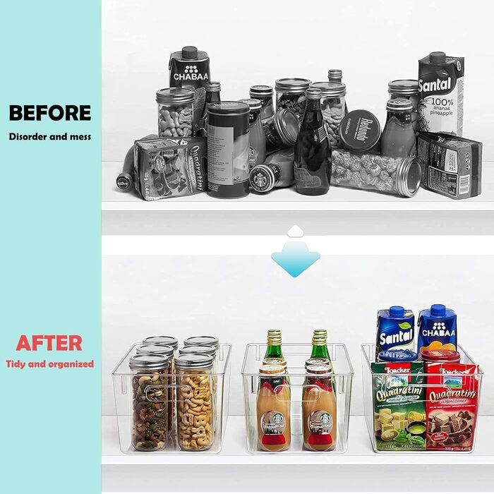 KJIXYUNG Refrigerator Organizer Set, Transparent Storage Box Organizer Stackable, Organizer Boxes for Refrigerator, Pantry, Cupboard, Snacks, Cans, Kitchen - BPA-free 29x20x15.5CM