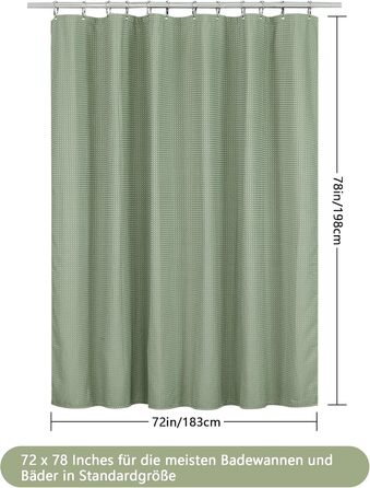 Штора для душу Waffel, 183x198 см, зелена - водонепроникна, з кільцями, поліестер