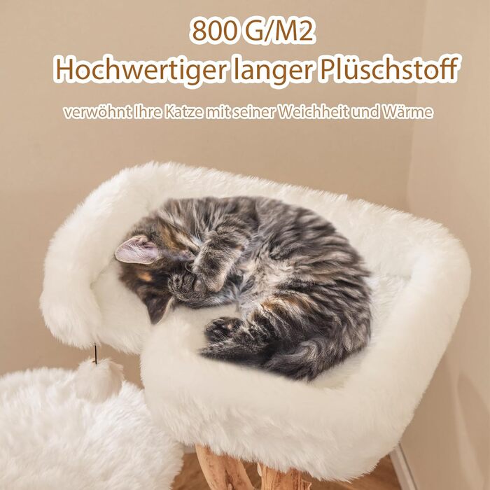 Дерев'яний кігтеточка для котів SOARS з 3-ма природними стовбурами, ліжко для котів та плюшеві поверхні, кігтеточка з іграшковим м'ячиком та джутовим мотузком, багатоповерхова, 59 x 49 x 110 см, білий колір