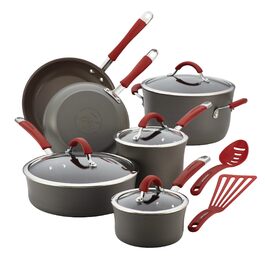Набір посуду Rachael Ray Cucina 12 предметів, сірий з помаранчевими ручками, антипригарне покриття, підходить для посудомийної машини