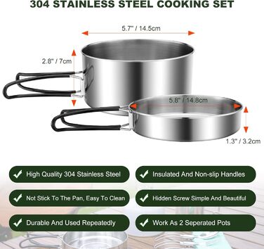 Набір кухонного посуду для кемпінгу Odoland 7 предметів: каструля, сковорода, тарілки, миски, столові прибори з нержавіючої сталі