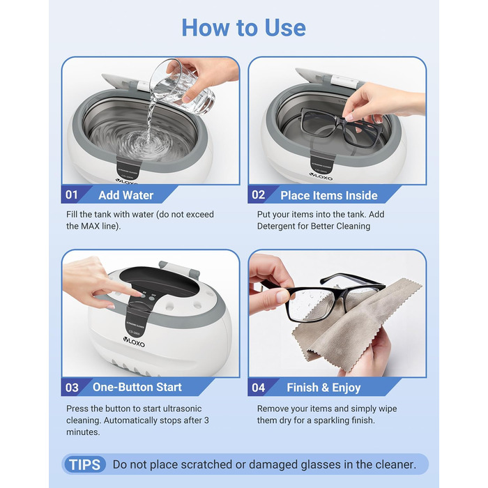 Ультразвукова мийка VLOXO 600мл, 42 кГц - для ювелірних виробів, інструментів, зубних протезів та годинників, бак з нержавіючої сталі, тиха робота, 50W