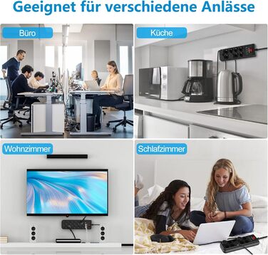 Мережевий фільтр з 4 USB, 6 розеток, вимикач, настінний, 3680W, 16A, 2 Type-C, кабель 1.8м (чорний)