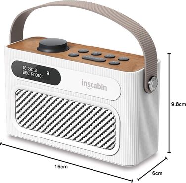 Inscabin M60: Портативне DAB/DAB+ FM-радіо з Bluetooth, стерео та подвійним будильником. Акумуляторний, стильний дизайн (білий)