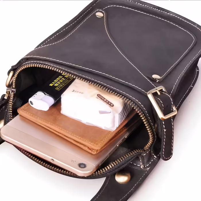 Le'aokuu Men's Leather Motorcycle Hip Bag Messenger Shoulder Drop Leg Bag (9326 Dark Black)