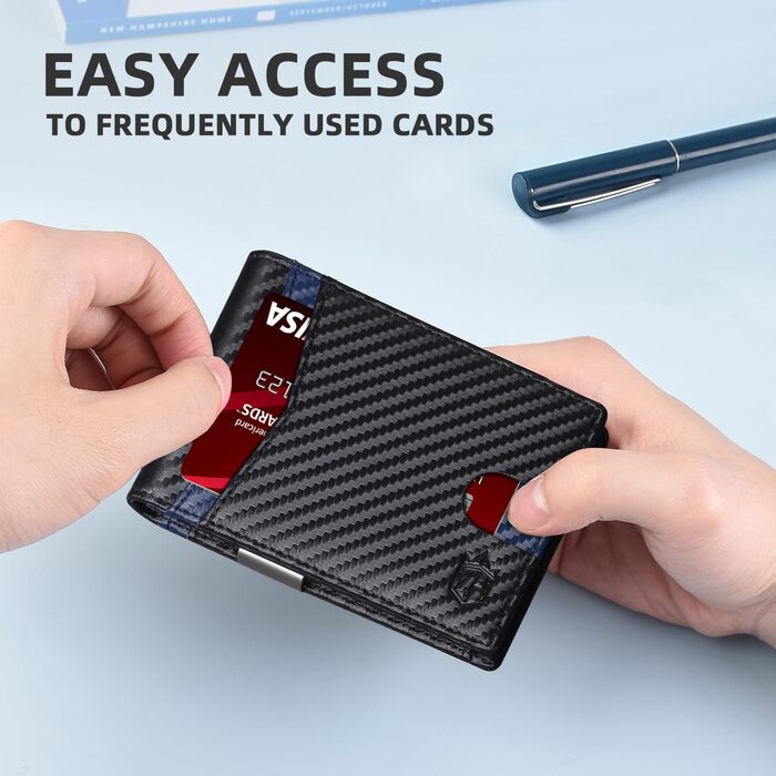 Чоловічий шкіряний гаманець Zitahli Sport-Fan з відділеннями для 10-12 карток, RFID-захистом, кліпсою для грошей та віконцем для посвідчення, тонкий, мінімалістичний, подарунок для чоловіків (карбонове чорний, акцентний синій)