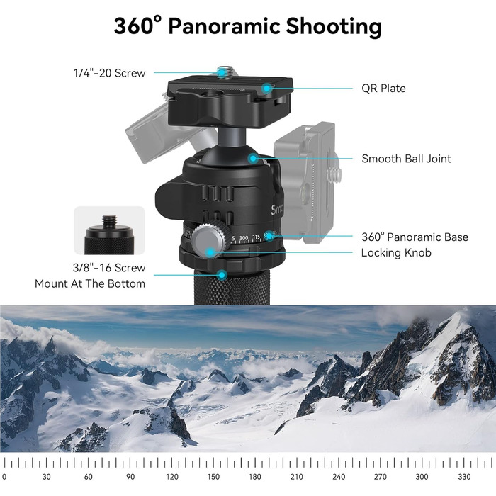 SMALLRIG штатив з вуглецевого волокна з центральною колоною, 360° кульова головка, знімний монопод, Quick Release Plate, вантажопідйомність 12 кг, 4059