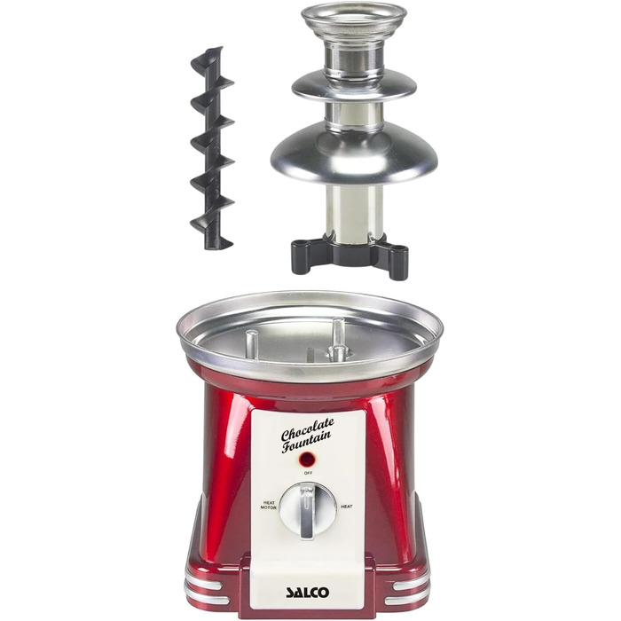 Шоколадний фонтан Salco | 3-рівневий | Ретро-дизайн | Нержавіюча сталь | 90 Вт | Для фруктів, печива та іншого | Легке очищення | Металік-червоний