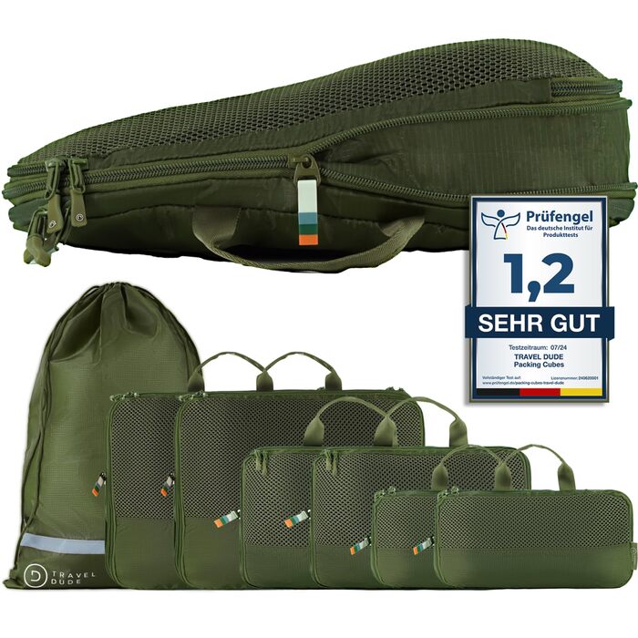 Набір органайзерів для валізи TRAVEL DUDE (7 шт., зелений), з компресією з переробленого пластику