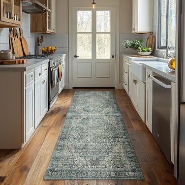 Килим миючий, з штучної вовни, світло-бежевий, для дому, під ліжко, до спальні, обідньої кімнати, під стіл, 2' x 6' (Прямокутний), темно-зелений